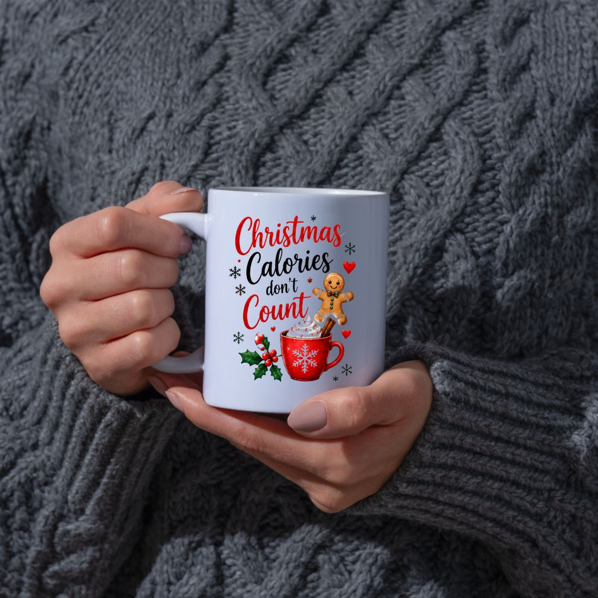 Festive Mug "Christmas Calories don't Count" Gingerbread & Hot Chocolate 325ml Ceramic Coffee Mug – Sweet Winter Holiday Tea Cup with Whipped Cream Holiday Treats | Available in Multicolours | Fast Dispatch by UK Seller (M1267)
