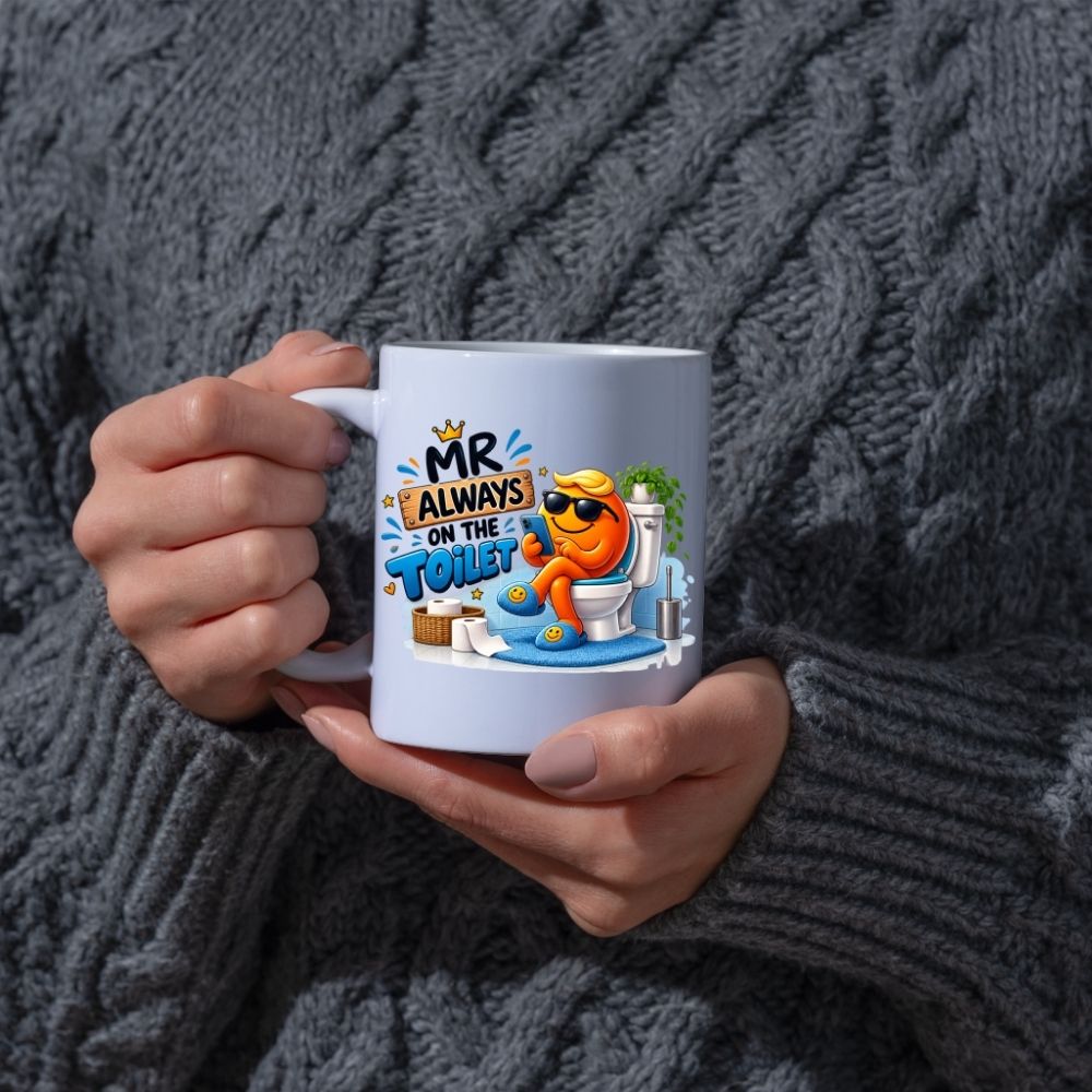 Funny Mug "Mr Always On The Toilet" Phone Addict Bathroom Humour Coffee Cup 350ml Ceramic Novelty Gift for Husband Boyfriend Dad Grandad Men, Funny Toilet Joke Birthday Christmas Secret Santa Fathers Day Gift | Fast Dispatch by UK Seller (M1020)