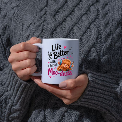 Inspiring Mug "Life is Better with a bit of Moo-dness" Highland Cow 325ml Ceramic Coffee Mug Cute Animal Tea Cup with Headphones, Music Notes & Hearts Gift | Available in Multicolours | Fast Dispatch by UK Seller (M1290)