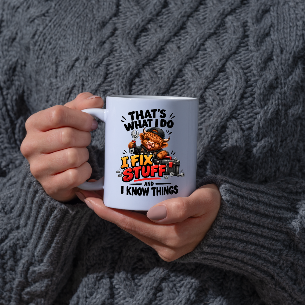 Mechanic Highland Cow Mug "That's What I Do I Fix Stuff" That's What I Do I Fix Stuff And I Know Things 325ml Ceramic Coffee Mug – Cute Handy Highland Cow with Wrench & Toolbox | Funny DIY Handyman Gift | Fast Dispatch by UK Seller (M3456)