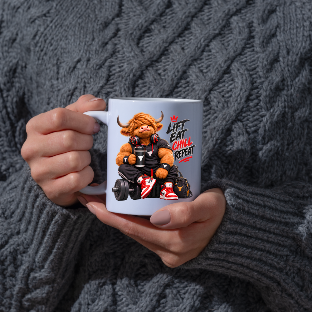 Gym Mug "Lift Eat Chill Repeat Highland Cow" Lift Eat Chill Repeat 325ml Ceramic Coffee Mug – Muscular Highland Cow in Sleeveless Hoodie & Headphones Holding Shaker Cup Gym Fitness Gift | Available in Multicolours | Fast Dispatch by UK Seller (M3272)