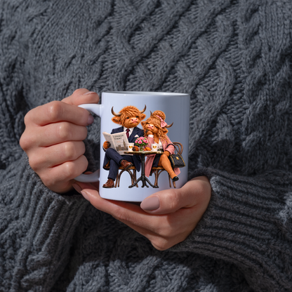 Fashion Mug "London Cafe Highland Cow Couple" London Cafe Highland Cow Couple 325ml Ceramic Coffee Mug – Chic London Today Newspaper Tea Cup With Suit Pink Coat Bistro Coffee Graphic Gift | Available in Multicolours | Fast Dispatch by UK Seller (M3189)