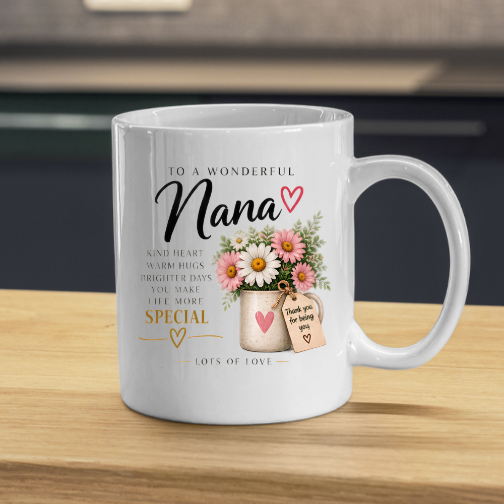 Family Mug "TO A WONDERFUL Nana KIND HEART WARM HUGS" Floral 325ml Ceramic Coffee Mug Sweet Grandma Tea Cup with Pink & White Daisies Flower Pot Graphic Gift | Available in Multicolours | Fast Dispatch by UK Seller (M3013)