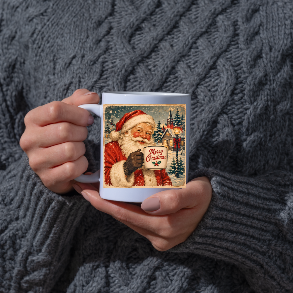 Vintage Santa Claus Mug "Merry Christmas" Merry Christmas 325ml Ceramic Coffee Mug – Vintage Santa Claus Holding Coffee Mug in Snowy Village with Streetlamp | Festive Holiday Gift | Fast Dispatch by UK Seller (M3415)