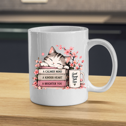 Inspirational Cat Mug "A CALMER MIND A KINDER HEART A BRIGHTER YOU" Sleeping Kitten & Books 325ml Ceramic Coffee Mug Mindful Tea Cup with Cherry Blossoms & Mug Graphic Gift | Available in Multicolours | Fast Dispatch by UK Seller (M3033)