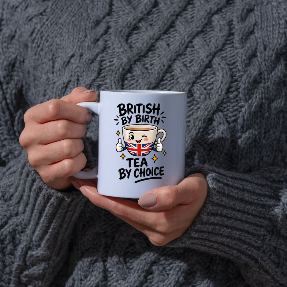 British Tea Mug "BRITISH BY BIRTH TEA BY CHOICE" Funny Tea Cup 325ml Ceramic Coffee Mug Witty Union Jack Tea Cup with Cartoon Character Gift | Available in Multicolours | Fast Dispatch by UK Seller (M3001)