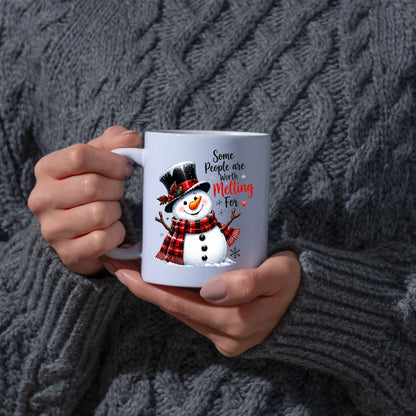 Heartwarming Mug "Some People Are Worth Melting For" Snowman 325ml Ceramic Coffee Mug Cute Winter Holiday Tea Cup with Red Plaid Scarf & Quote Gift | Available in Multicolours | Fast Dispatch by UK Seller (M1246)