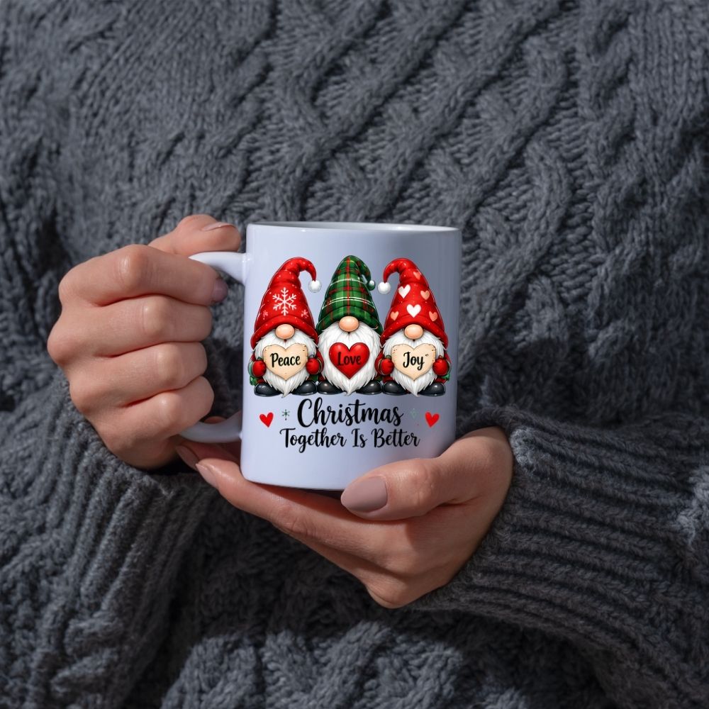 Festive Mug "Peace Love Joy" Trio Gnomes 325ml Ceramic Coffee Mug Christmas Together Is Better Holiday Tea Cup with Hearts & Plaid Hat | Available in Multicolours | Fast Dispatch by UK Seller (M1271)