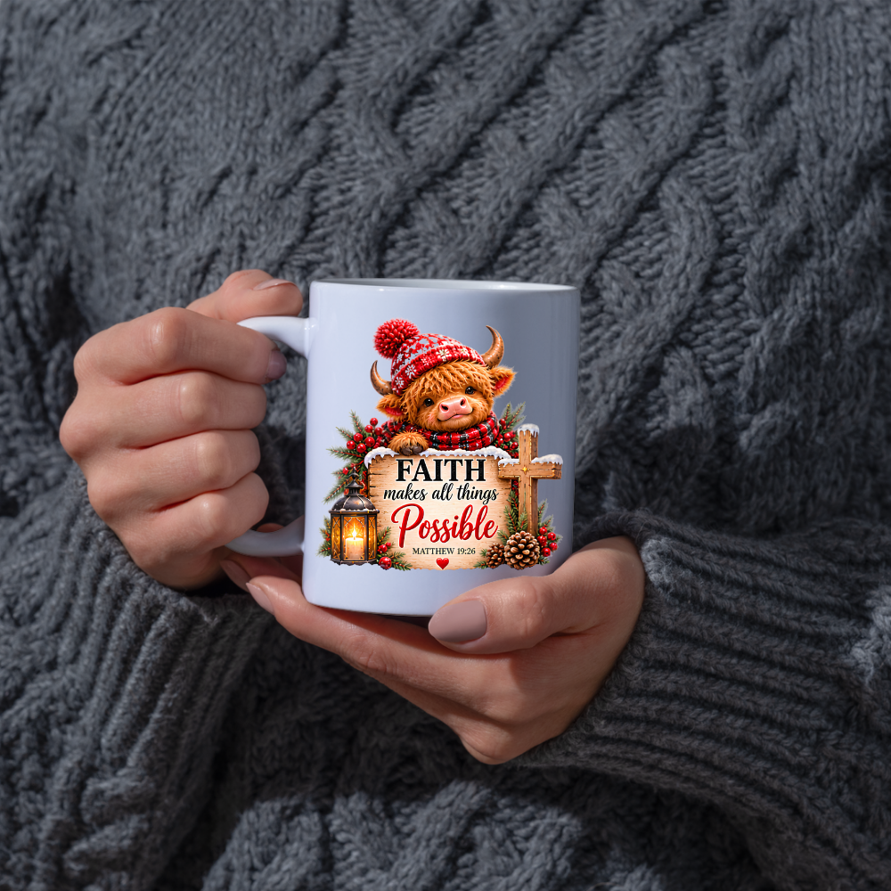 Christmas Mug "Faith Makes All Things Possible Matthew 19:26" Faith Makes All Things Possible 325ml Ceramic Coffee Mug – Festive Highland Cow Mug With Wooden Cross Lantern Holiday Gift | Available in Multicolours | Fast Dispatch by UK Seller (M3318)