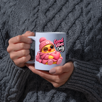 Inspirational Mug "Good Vibes Only Pink Duck" 325ml Ceramic Coffee Mug – Cute Winking Yellow Duck in Pink Beanie, Sweater, Glasses Backpack Hugging Pink Heart Cute Gift For Friends Family | Available in Multicolours | Fast Dispatch by UK Seller (M3253)