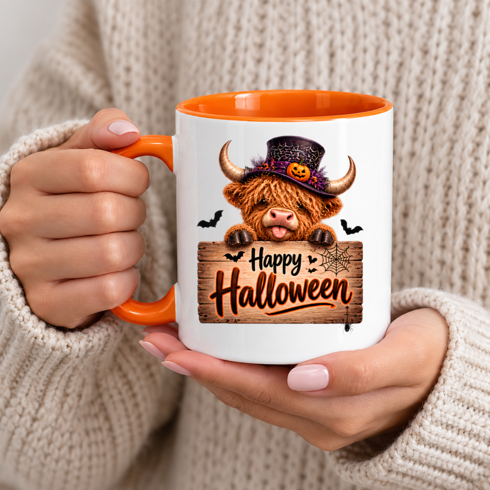 Halloween Mug "Highland Cow Top Hat Happy Halloween" Highland Cow Top Hat Happy Halloween 325ml Ceramic Coffee Mug – Cute Halloween Autumn Tea Cup Spiderweb Top Hat Jack O Lantern Wooden Sign Spider Graphic Gift | Fast Dispatch by UK Seller (M3218)
