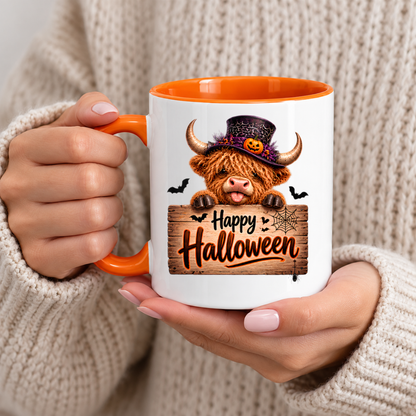Halloween Mug "Highland Cow Top Hat Happy Halloween" Highland Cow Top Hat Happy Halloween 325ml Ceramic Coffee Mug – Cute Halloween Autumn Tea Cup Spiderweb Top Hat Jack O Lantern Wooden Sign Spider Graphic Gift | Fast Dispatch by UK Seller (M3218)