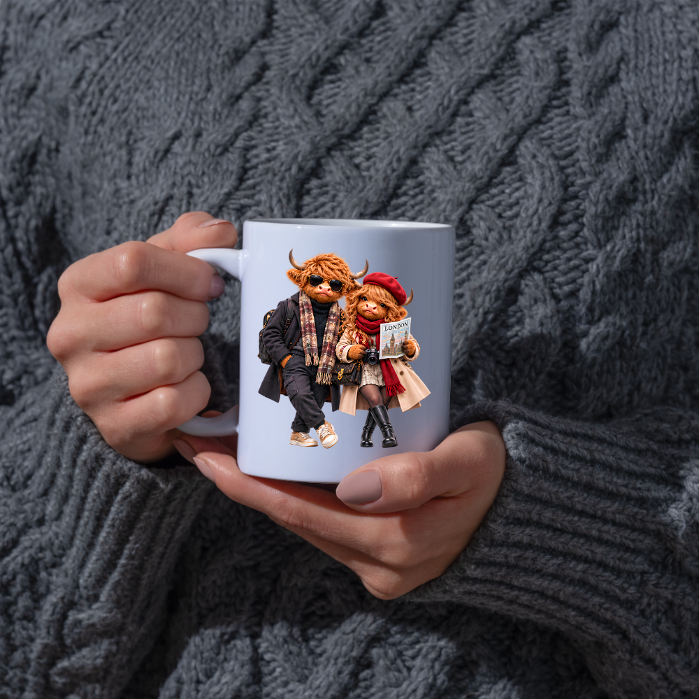 Highland Cow Mug "London Travelers Highland Cow Couple" 325ml Ceramic Coffee Mug – Stylish Highland Cow Couple in Beret, Sunglasses Trench Coats Holding Camera Gift For Travelers Couples | Available in Multicolours | Fast Dispatch by UK Seller (M3260)