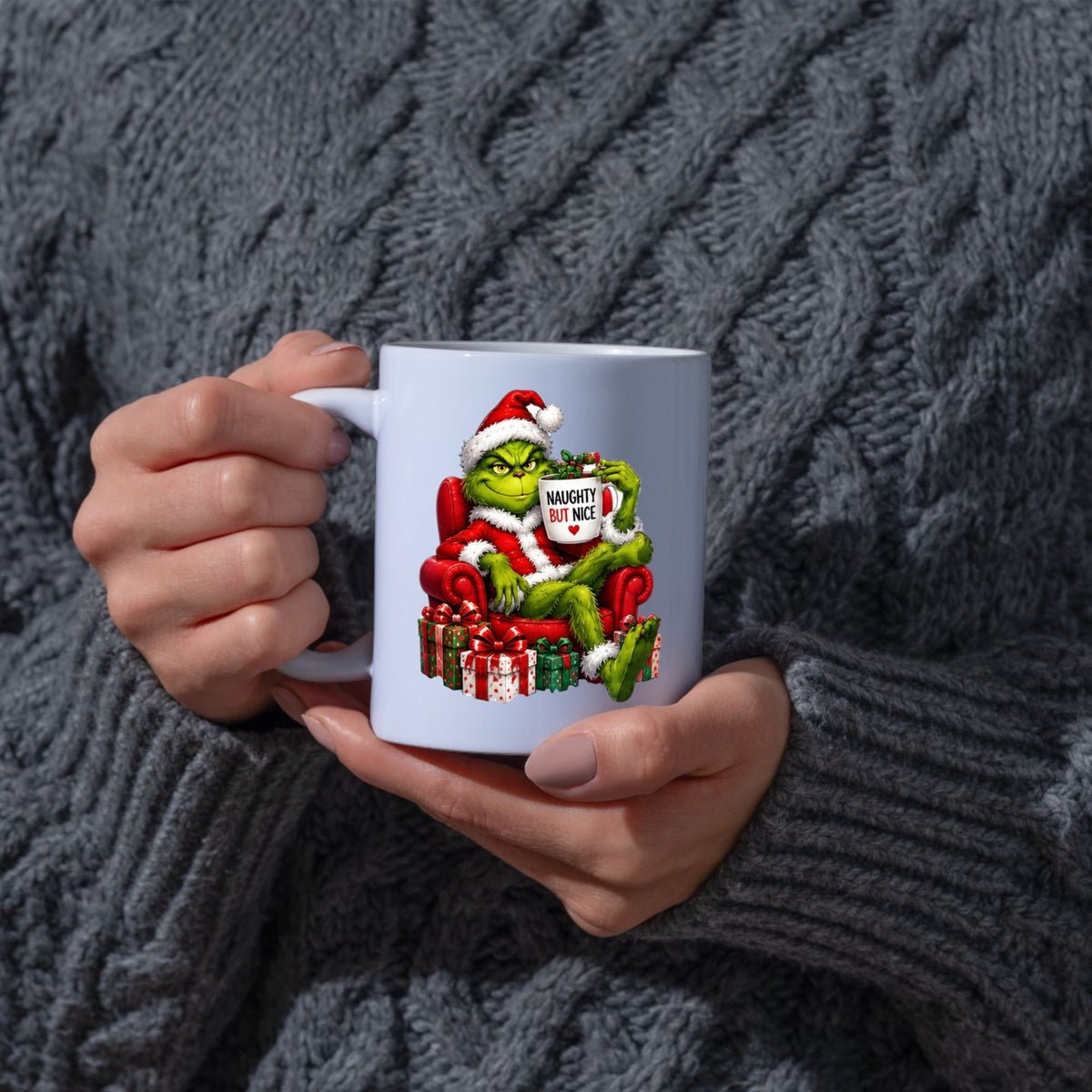 Sarcastic Mug "Naughty But Nice" Green Holiday Character 325ml Ceramic Coffee Mug Funny Grumpy Christmas Tea Cup with Santa Suit & Armchair Gift | Available in Multicolours | Fast Dispatch by UK Seller (M1239)