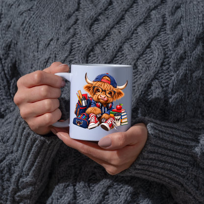 Student Mug "Cool Student Cow" Academic Highland Cow 325ml Ceramic Coffee Mug Trendy School Tea Cup with Glasses and Backpack Graphic Gift | Available in Multicolours | Fast Dispatch by UK Seller (M3153)