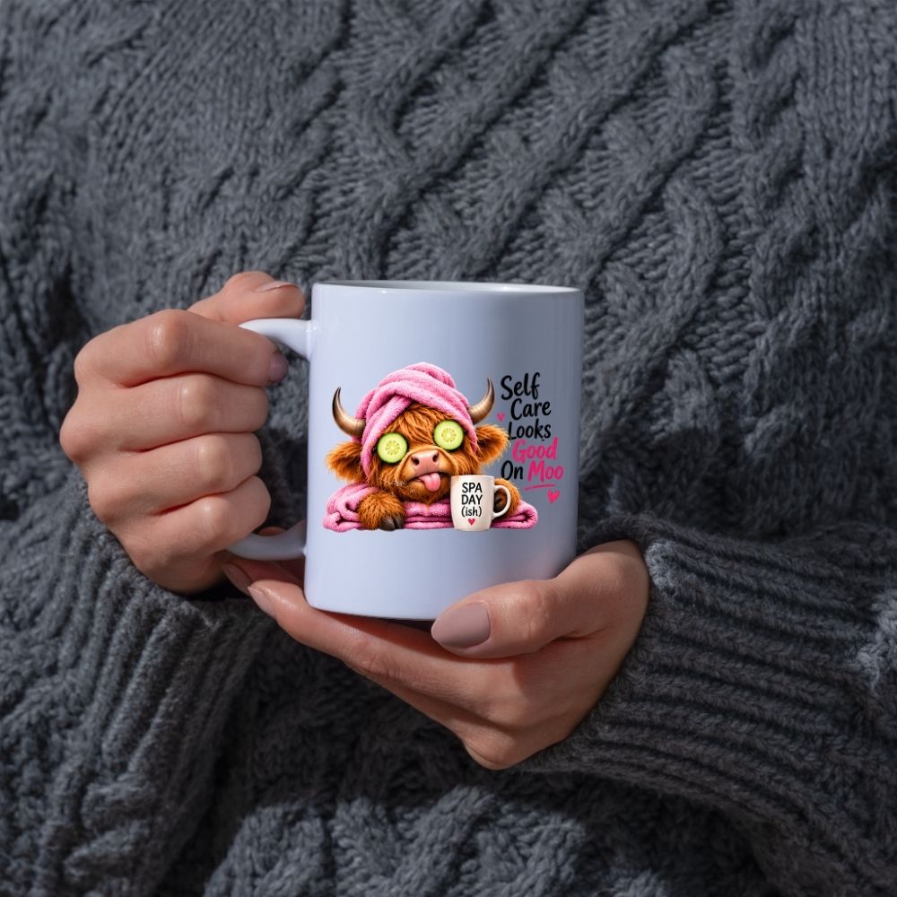 Humorous Mug "Self Care Looks Good On Moo" Highland Cow 325ml Ceramic Coffee Mug Cute Animal Tea Cup with Spa Cucumber Eyes, Pink Towel & Mug Gift | Available in Multicolours | Fast Dispatch by UK Seller (M1277)