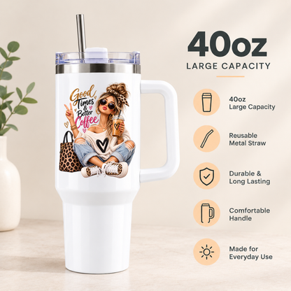 Sassy Fashion Travel Tumbler "Good Times & Better Coffee" Graphic 40oz Stainless Steel Insulated Travel Mug with Handle & Straw – Trendy Girl with Peace Sign, Leopard Headband, Handbag & Iced Coffee Novelty Travel Cup | Fast Dispatch by UK Seller (T3018)
