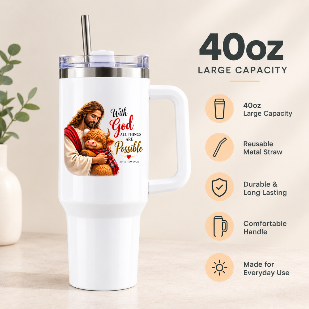 Inspirational Religious Highland Cow Travel Tumbler "With God All Things Are Possible" Graphic 40oz Stainless Steel Insulated Travel Mug with Handle & Straw â€“ Jesus Hugging Highland Calf in Scarf Novelty Travel Cup | Fast Dispatch by UK Seller (T3009)