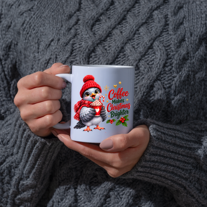 Christmas Mug "Coffee Makes Christmas Brighter Cute Bird" 325ml Ceramic Coffee Mug – Cute Christmas Bird in Red Beanie Hat Scarf Holding Cocoa Cup Holiday Gift For Bird Coffee Lovers | Available in Multicolours | Fast Dispatch by UK Seller (M3266)