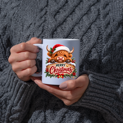 Christmas Mug "Peeking Santa Hat Highland Cow" Peeking Santa Hat Highland Cow 325ml Ceramic Coffee Mug – Cute Festive Wooden Sign Tea Cup With Holly Jingle Bells Graphic Present | Available in Multicolours | Fast Dispatch by UK Seller (M3171)