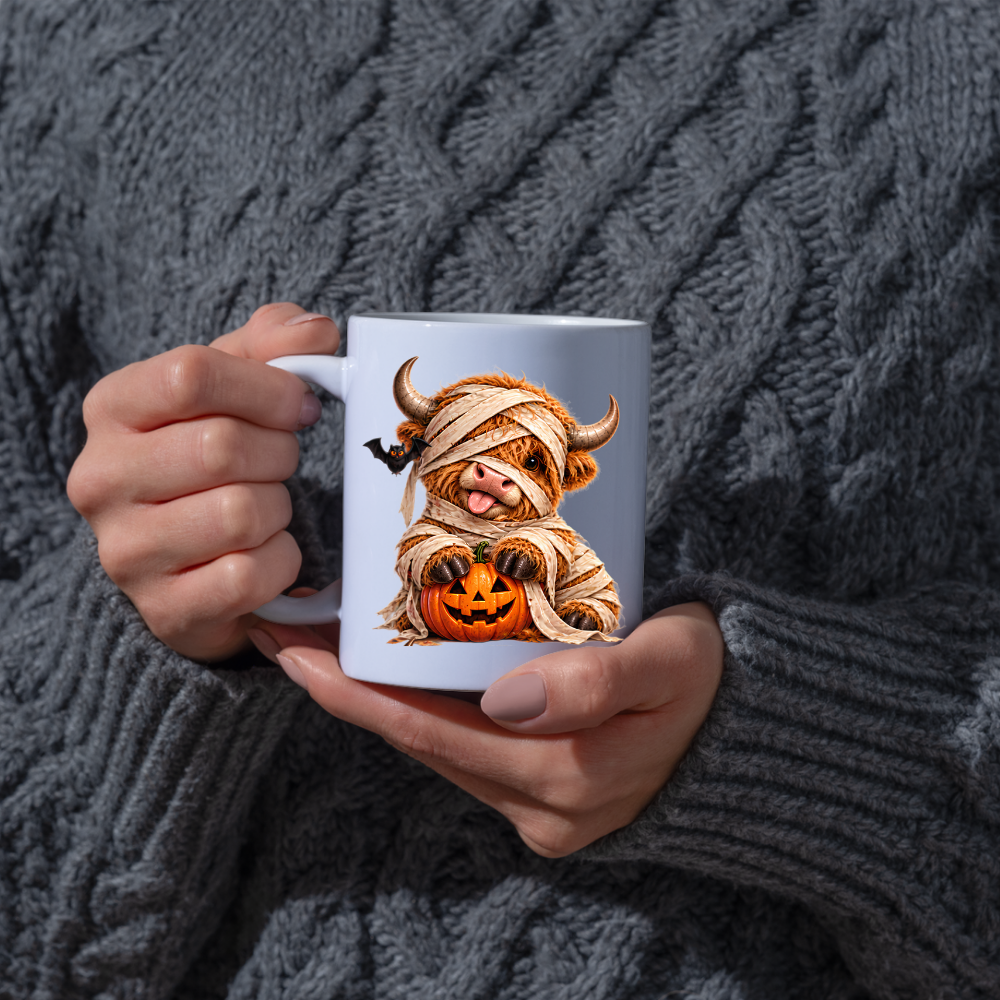 Halloween Mug "Mummy Highland Cow" Mummy Highland Cow 325ml Ceramic Coffee Mug Cute Spooky Halloween Tea Cup with Bandages and Pumpkin Graphic Gift | Available in Multicolours | Fast Dispatch by UK Seller (M3161)