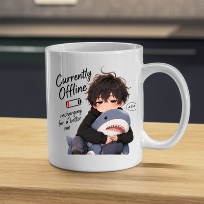 Funny Anime Mug "Currently Offline recharging for a better me" Sleepy Boy & Plush Shark 325ml Ceramic Coffee Mug Introvert Relatable Tea Cup with Low Battery & Plushie Graphic Gift | Available in Multicolours | Fast Dispatch by UK Seller (M3025)