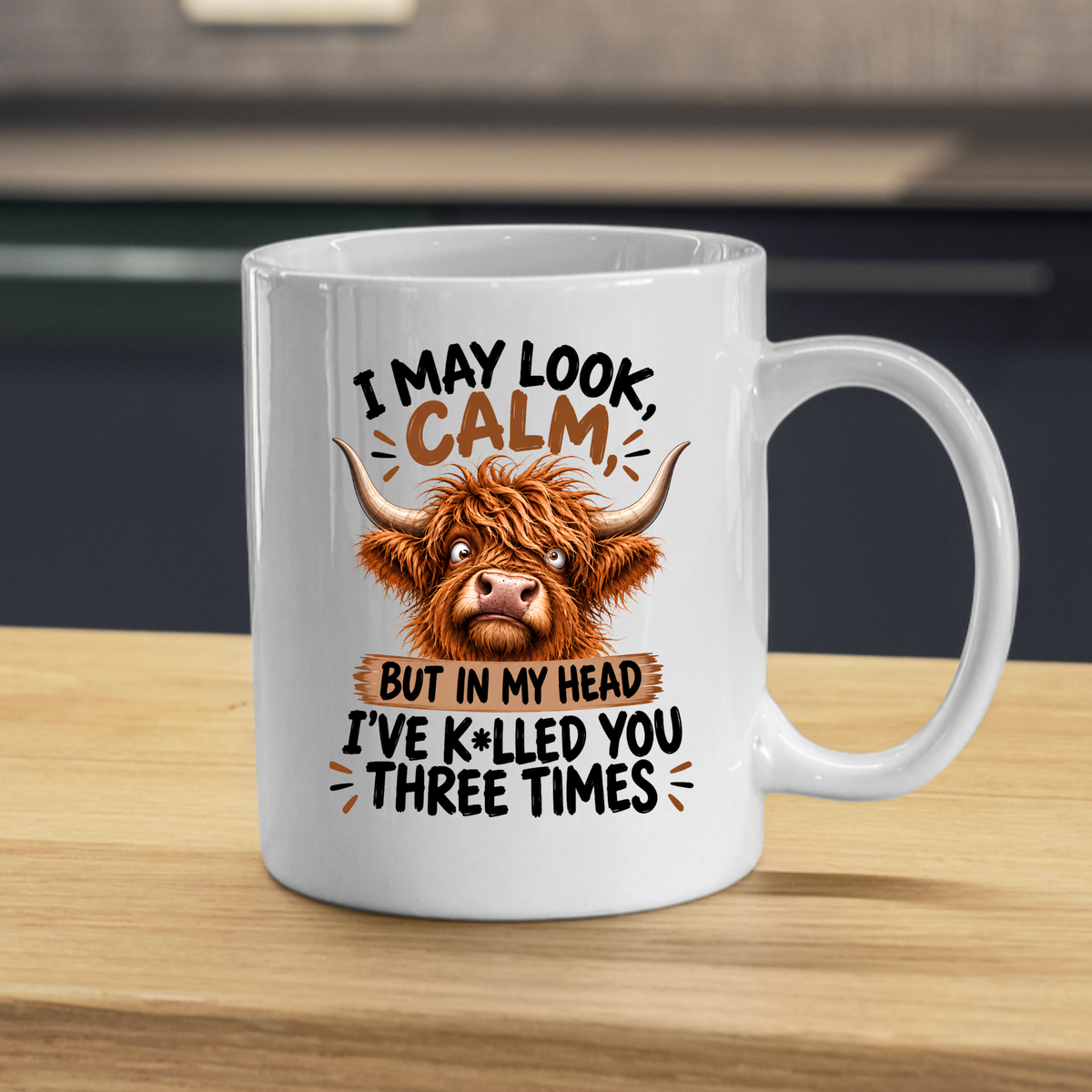 Funny Mug "I May Look Calm" Highland Cow Ceramic Coffee Mug Sarcastic Work & Office Novelty Cup 350ml | Fast Dispatch by UK Seller (M1059)