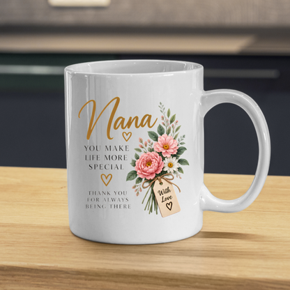 Family Mug "Nana YOU MAKE LIFE MORE SPECIAL" Floral 325ml Ceramic Coffee Mug Sweet Grandma Tea Cup with Pink Peonies Bouquet & Gift Tag Graphic Gift | Available in Multicolours | Fast Dispatch by UK Seller (M3019)