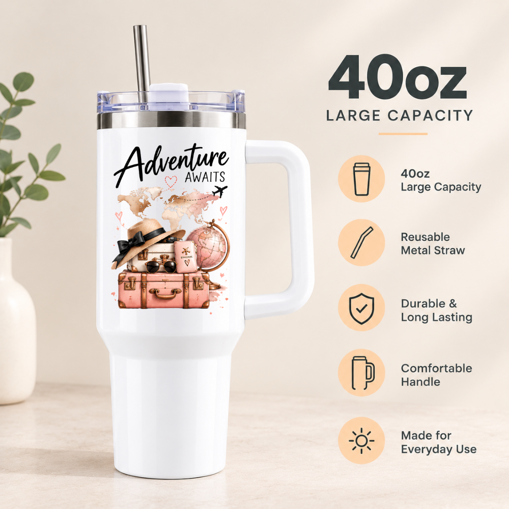 Inspirational Travel Tumbler "Adventure Awaits" Graphic 40oz Stainless Steel Insulated Travel Mug with Handle & Straw – Vintage Pink Suitcases, Sun Hat, Passport & World Map Travel Cup | Fast Dispatch by UK Seller (T3036)