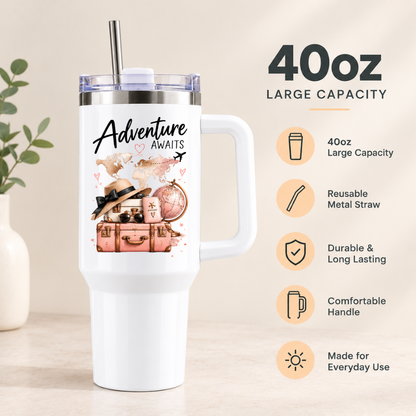 Inspirational Travel Tumbler "Adventure Awaits" Graphic 40oz Stainless Steel Insulated Travel Mug with Handle & Straw – Vintage Pink Suitcases, Sun Hat, Passport & World Map Travel Cup | Fast Dispatch by UK Seller (T3036)