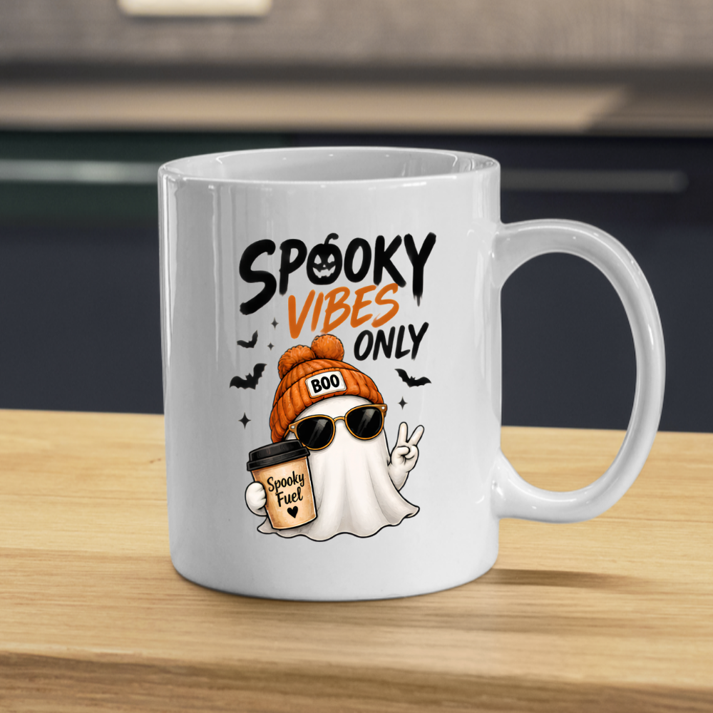 Halloween Mug "SPOOKY VIBES Only" Cool Ghost 325ml Ceramic Coffee Mug – Trendy Beanie Ghost Tea Cup with Sunglasses & Coffee Cup Graphic Gift | Available in Multicolours | Fast Dispatch by UK Seller (M3077)