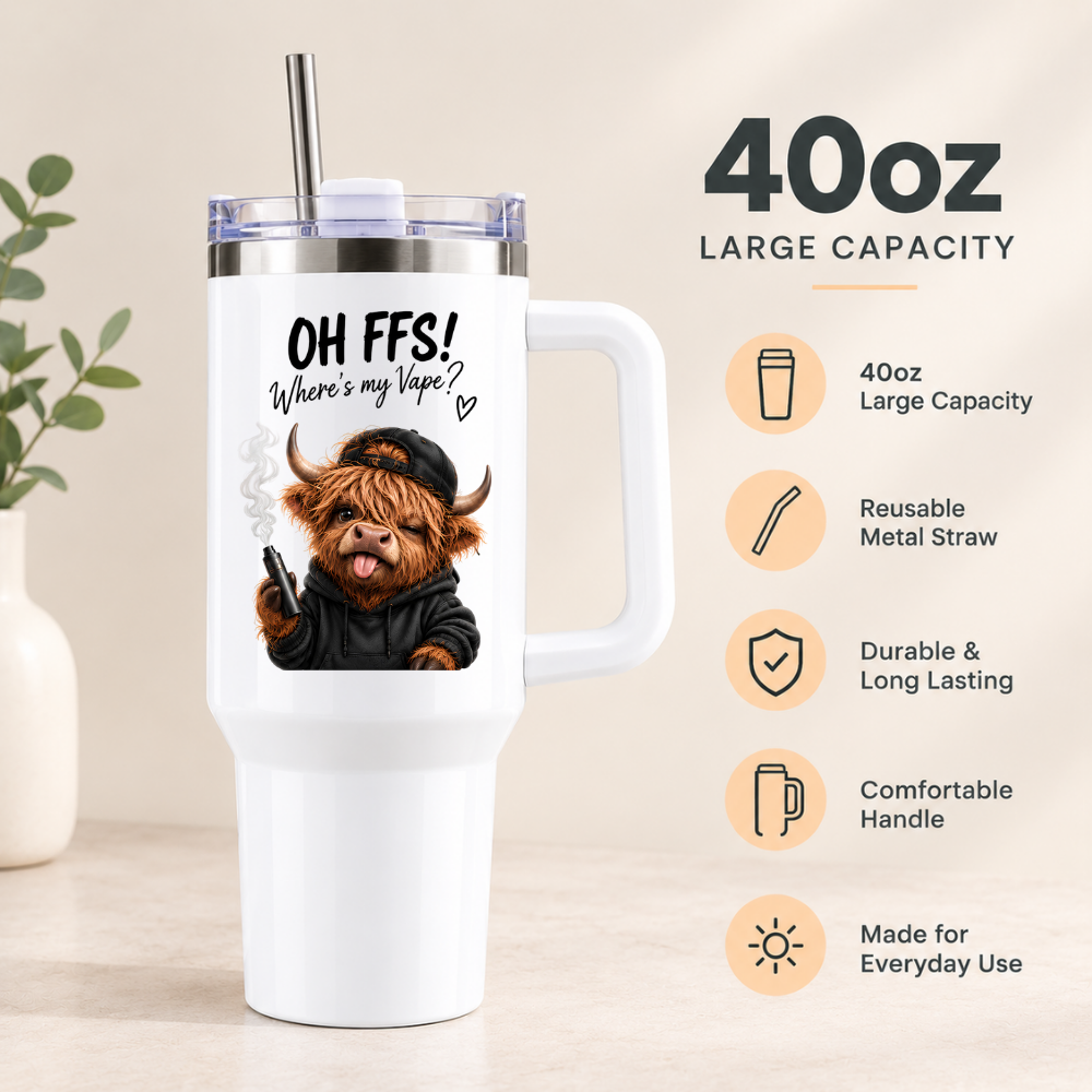 Funny Sassy Highland Cow Travel Tumbler "OH FFS! Where's my Vape?" Graphic 40oz Stainless Steel Insulated Travel Mug with Handle & Straw – Cheeky Cow in Black Hoodie & Cap Vaping Novelty Travel Cup | Fast Dispatch by UK Seller (T3028)