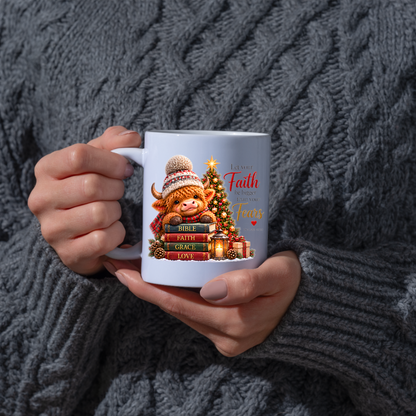 Christmas Mug "Let Your Faith Be Bigger Than Your Fears Highland Cow" 325ml Ceramic Coffee Mug – Highland Cow Mug With Books Christmas Tree Lantern Christian Holiday Gift | Available in Multicolours | Fast Dispatch by UK Seller (M3306)