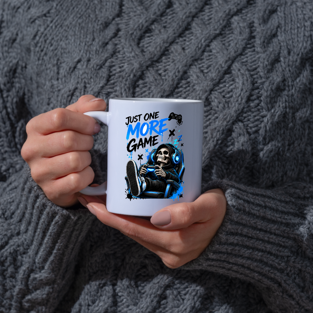 Gaming Mug "Just One More Game" Just One More Game 325ml Ceramic Coffee Mug – Gaming Skeleton in Chair Mug with Controller, Headset & Blue Splatter Art | Gamer Gift | Fast Dispatch by UK Seller (M3344)