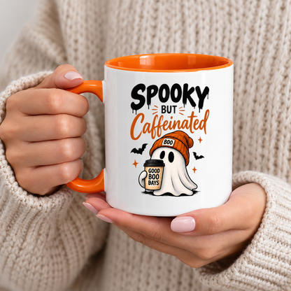 Halloween Mug "Spooky But Caffeinated Ghost" Spooky But Caffeinated Ghost 325ml Ceramic Coffee Mug – Cute Halloween Autumn Tea Cup with Beanie Coffee Cup Bats Typography Graphic Gift | Available in Multicolours | Fast Dispatch by UK Seller (M3202)