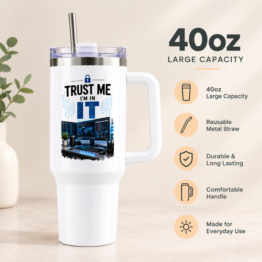 Funny Tech Travel Tumbler "Trust me I'm in IT" Graphic 40oz Stainless Steel Insulated Travel Mug with Handle & Straw – Dual Monitor Desk Setup, Circuit Board & Lock Icon Novelty Gift for Coders & Office | Fast Dispatch by UK Seller (T3055)