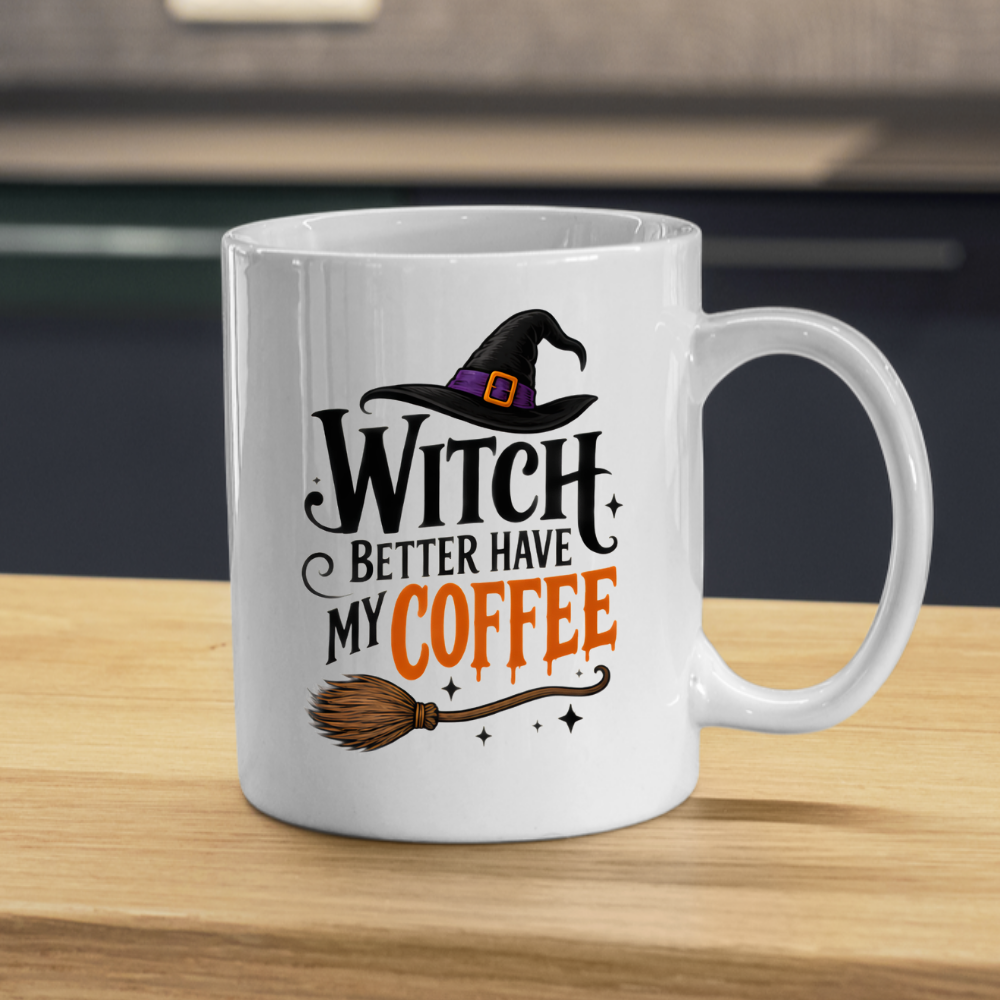 Halloween Mug "WITCH BETTER Have My Coffee" Funny Witch Hat 325ml Ceramic Coffee Mug – Novelty Autumn Tea Cup with Witch Broom & Orange Text Graphic Gift | Available in Multicolours | Fast Dispatch by UK Seller (M3069)