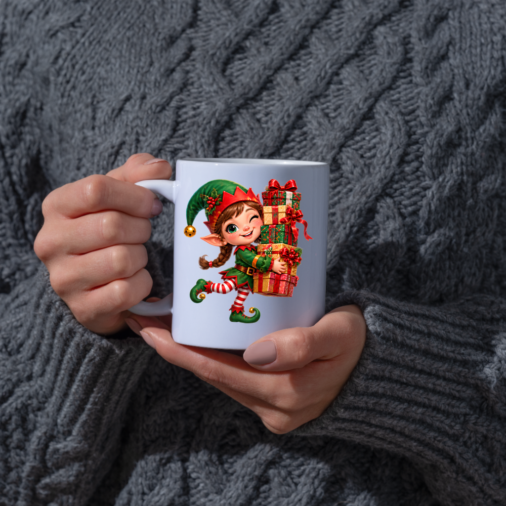 Christmas Mug "Winking Christmas Elf Stacked Presents" Winking Christmas Elf 325ml Ceramic Coffee Mug – Cute Festive Tea Cup with Elf Outfit Jingle Bells Wrapped Gift Stack Graphic Gift | Available in Multicolours | Fast Dispatch by UK Seller (M3183)