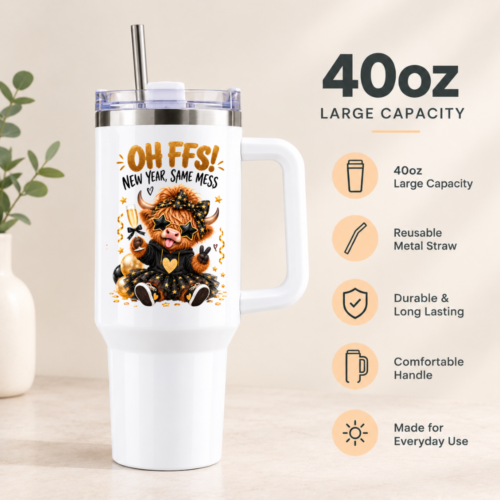 Sassy New Year Highland Cow Travel Tumbler "OH FFS! New Year, Same Mess" Graphic 40oz Stainless Steel Insulated Travel Mug with Handle & Straw – Party Cow in Star Glasses, Tutu, Champagne Glass & Gold Confetti Gift | Fast Dispatch by UK Seller (T3045)