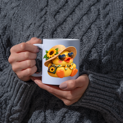 Cute Duck Mug "Summer Sunflower Duckling" Summer Sunflower Duckling 325ml Ceramic Coffee Mug – Adorable Yellow Duck in Straw Hat, Heart Sunglasses Sunflower Bag Summer Gift | Available in Multicolours | Fast Dispatch by UK Seller (M3290)