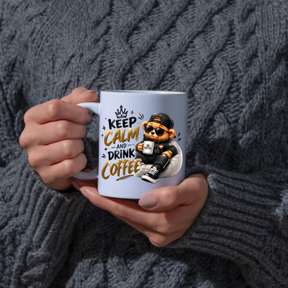 Teddy Bear Mug "Keep Calm And Drink Coffee" 325ml Ceramic Coffee Tea Cup – Cool Bear Graphic, Sunglasses, Hoodie & Slogan Novelty Gift for Coffee Lovers, Birthday – Fast Dispatch by UK Seller (M3504)