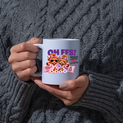 Prosecco Besties Highland Cows Mug "OH FFS! Prosecco & Besties Make Life Better" Oh Ffs! Prosecco & Besties 325ml Ceramic Coffee Mug – Cute Highland Cows in Bathrobes with Wine Glasses & Pillows | Funny Bestie Gift | Fast Dispatch by UK Seller (M3368)