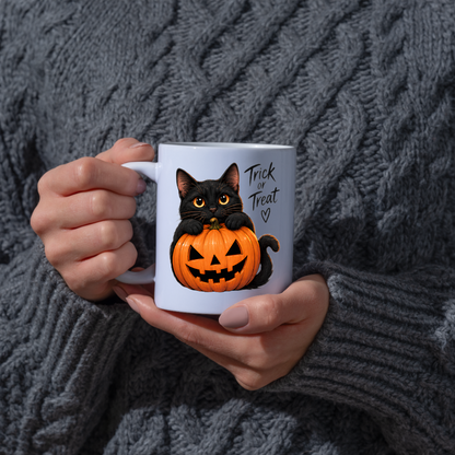 Halloween Mug "Black Cat Pumpkin Trick or Treat" Black Cat Pumpkin Trick or Treat 325ml Ceramic Coffee Mug – Cute Halloween Autumn Tea Cup With Black Kitty Jack O Lantern Graphic Gift | Available in Multicolours | Fast Dispatch by UK Seller (M3223)