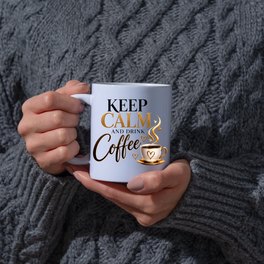 Coffee Mug "Keep Calm And Drink Coffee" 325ml Ceramic Tea Cup – Gold & Brown Typography, Cute Coffee Cup Graphic & Heart Slogan Novelty Gift for Coffee Lovers, Bestie, Colleagues – Fast Dispatch by UK Seller (M3491)