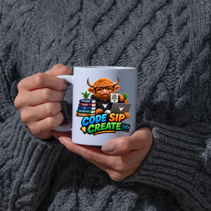 Coding Mug "Code Sip Create Highland Cow" 325ml Ceramic Coffee Mug – Cute Highland Cow Developer with Glasses Books Laptop Code Brew Repeat Cup Tech Gift For Programmers Coders | Available in Multicolours | Fast Dispatch by UK Seller (M3229)