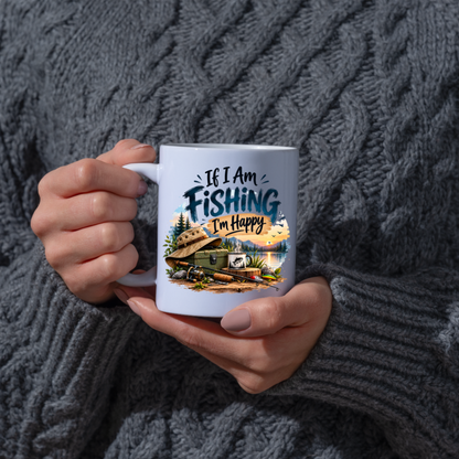 Fishing Mug "If I Am Fishing I’m Happy" Angler Ceramic Coffee Cup 350ml, Fishing Rod Lake Sunset Outdoor Hobby Novelty Gift for Fisherman Dad Grandad Husband Boyfriend, Birthday Christmas Fathers Day Secret Santa | Fast Dispatch by UK Seller (M1054)