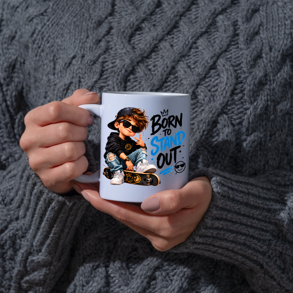 Skater Mug "Born To Stand Out" 325ml Ceramic Coffee Tea Cup – Cool Boy Graphic, Sunglasses, Skateboard & Slogan Novelty Gift for Teens, Bestie, Birthday – Fast Dispatch by UK Seller (M3498)