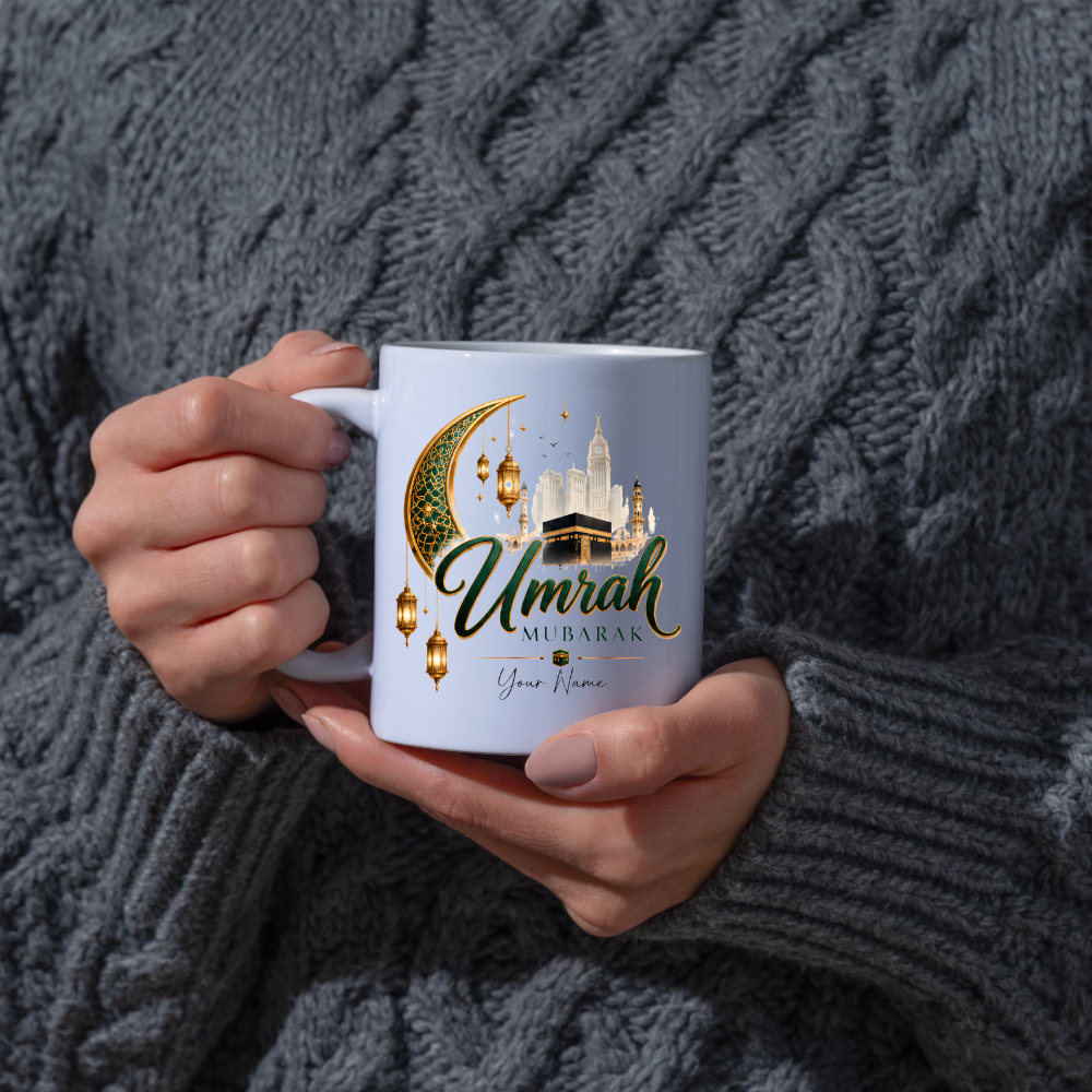 Personalised Umrah Mubarak Mug 325ml Ceramic Coffee Tea Cup – Custom Name, Green & Gold Crescent Moon, Lanterns & Kaaba Religious Pilgrimage Gift for Family, Friends, Hajj Celebration – Fast Dispatch by UK Seller (M3485)