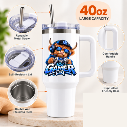 Funny Gaming Travel Tumbler "Gamer" Graphic 40oz Stainless Steel Insulated Travel Mug with Handle & Straw – Highland Cow in Cap, Sunglasses & Headset with Controller Novelty Gift for Gamers | Fast Dispatch by UK Seller (T3061)
