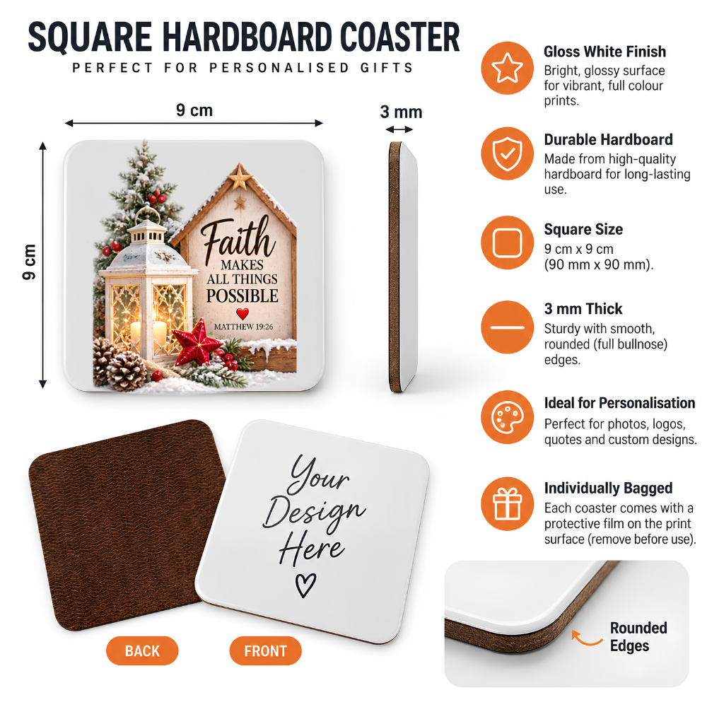 Inspirational Religious Hardboard Coaster "Faith Makes All Things Possible" Graphic 9cm x 9cm Square Drinks Coaster “Vintage Lantern, Wooden Birdhouse Sign & Red Star Ornament Novelty Mat | Christian Glossy Gift | Fast Dispatch by UK Seller (C3046)